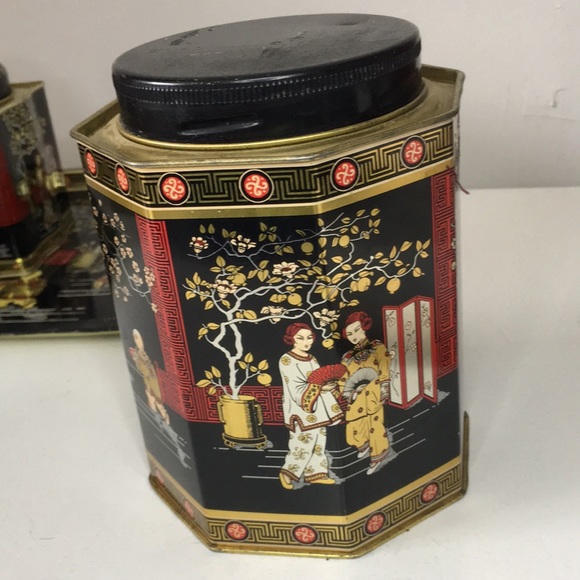 Vintage Asian Tin Tea Containers On Tray Decorative - Picture 12 of 16